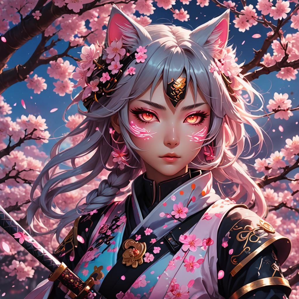 Neon Catgirl with Cherry Blossoms in Anime Style