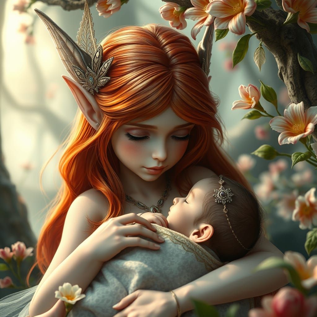 Flower Elf Mother Gazing at Newborn in Dreamlike Scene