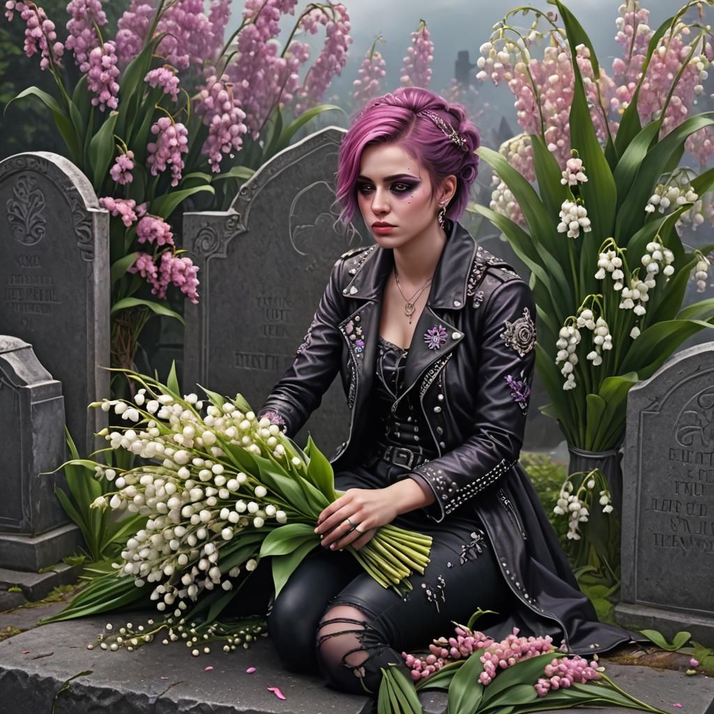 Sad Punk Woman Crying Over Flowers, HDR Art