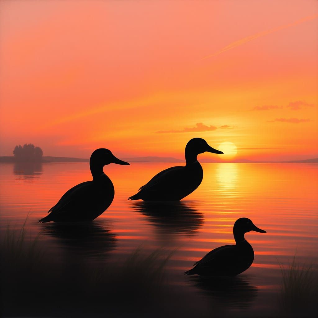 Serene Sunset Lake Scene with Detailed Duck Silhouettes in a...