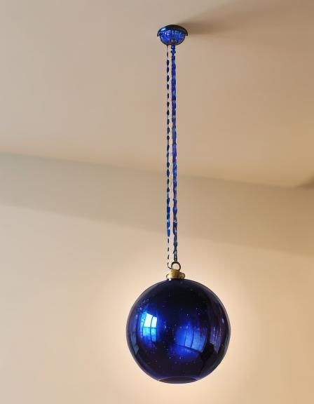 Beautiful cobalt blue glass ball hanging from the ceiling& p...