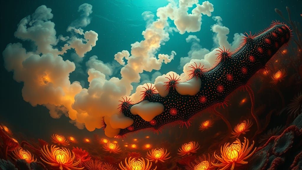 Giant Spectral Sea Centipede in Bioluminescent Waters