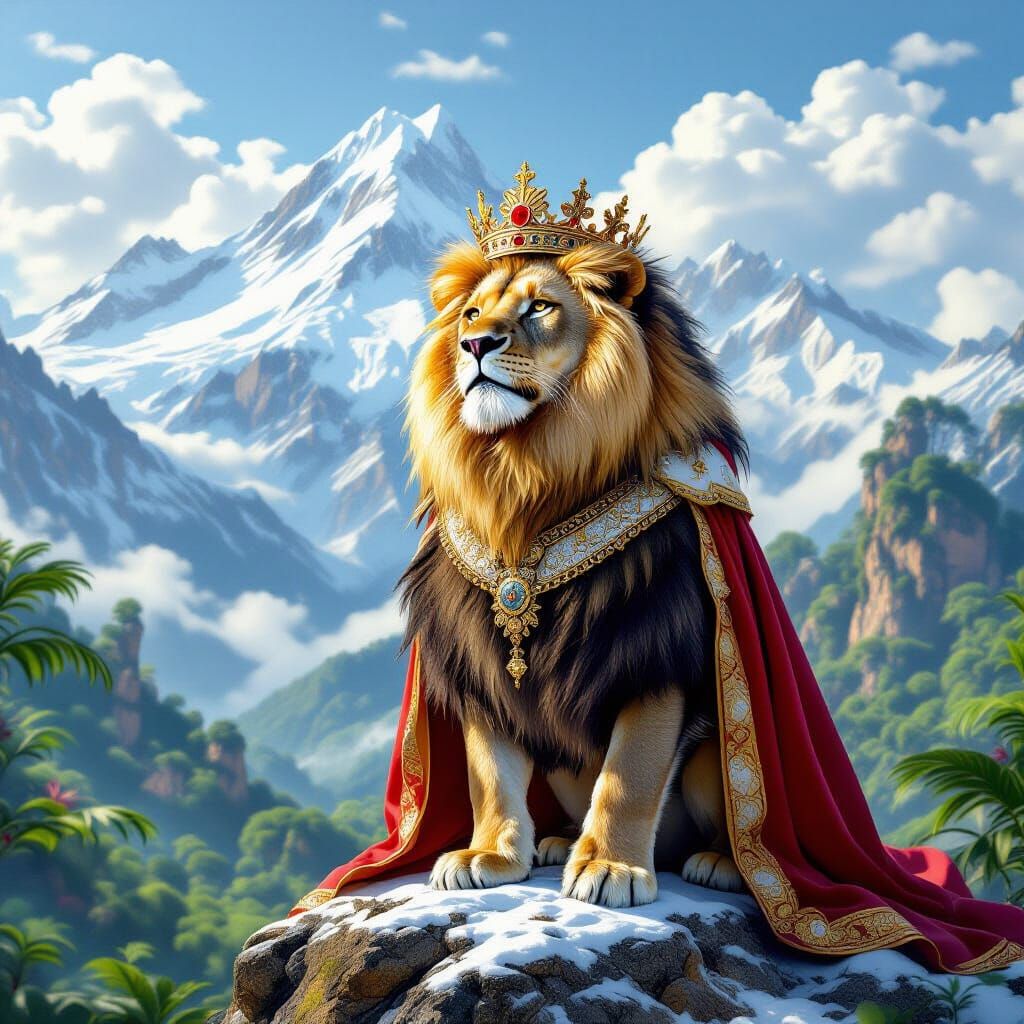 Lion King on Snowy Peak Overlooking Rainforest