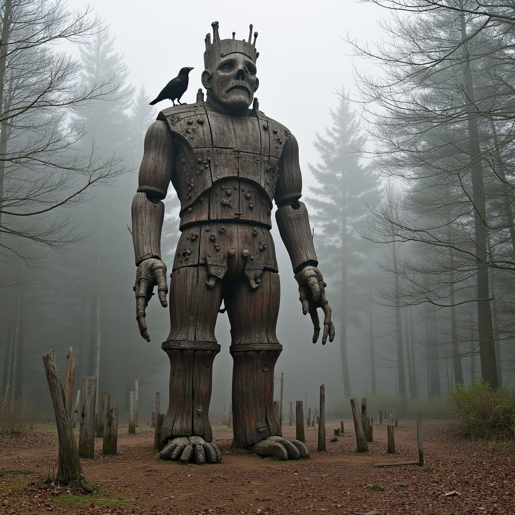 Wooden Frankenstein Sculpture in Biomechanical Style