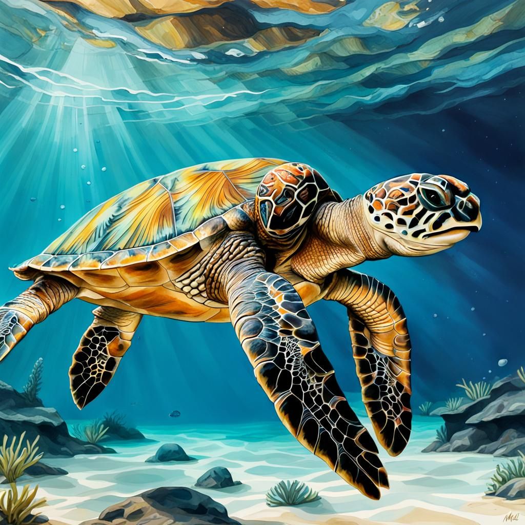 Sea Turtle Portrait in Watercolor Style