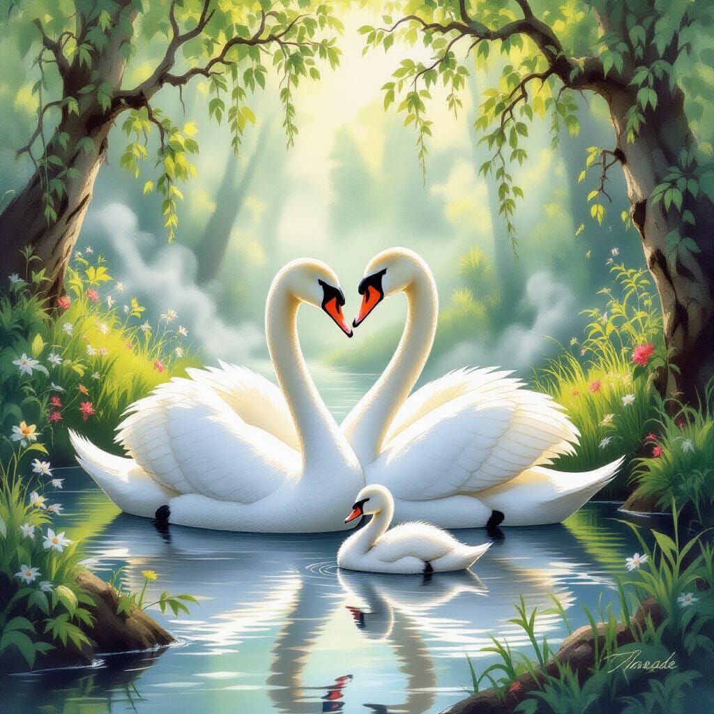 Swan Family in Watercolor Glade