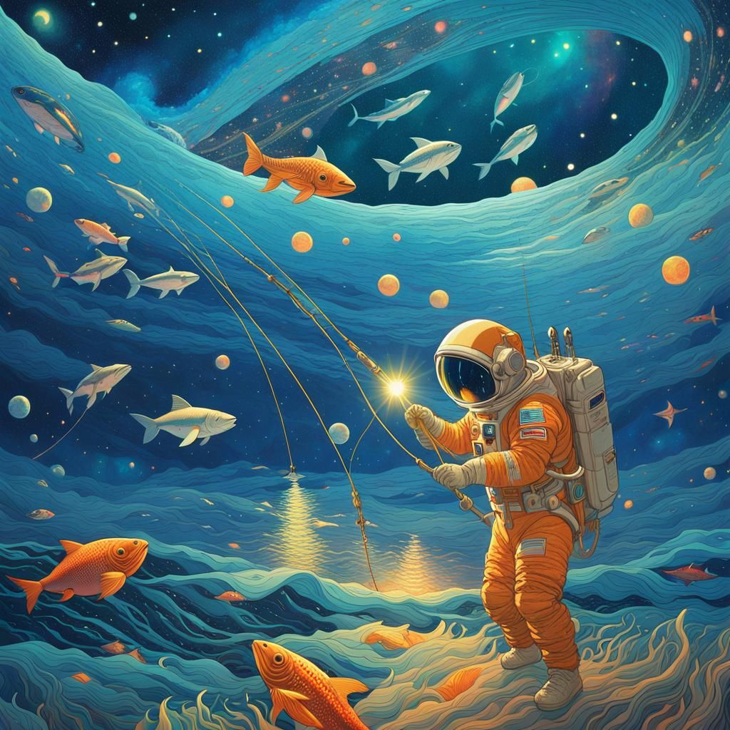 Astronaut Fishing on Moon Beach in Surreal Style