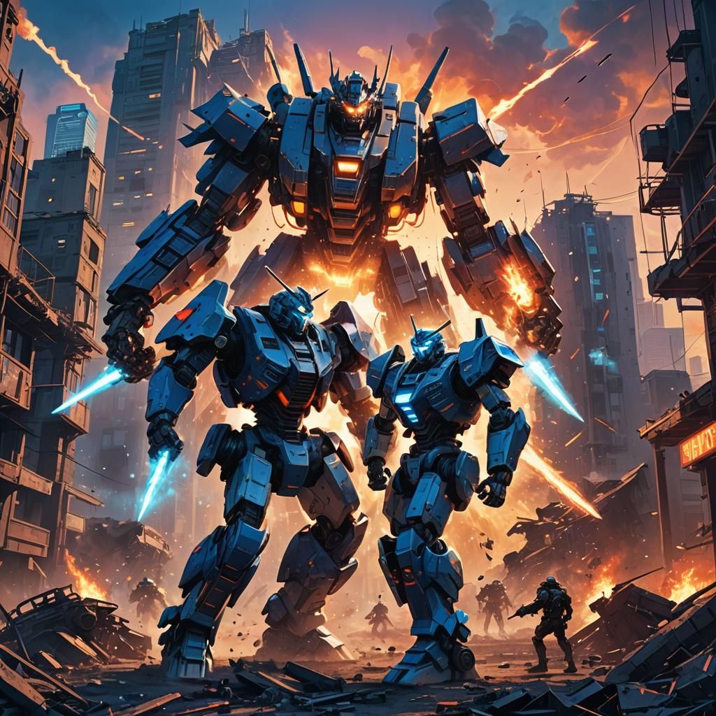 Mecha Robot Battle in Ruined City: Sci-Fi Digital Art