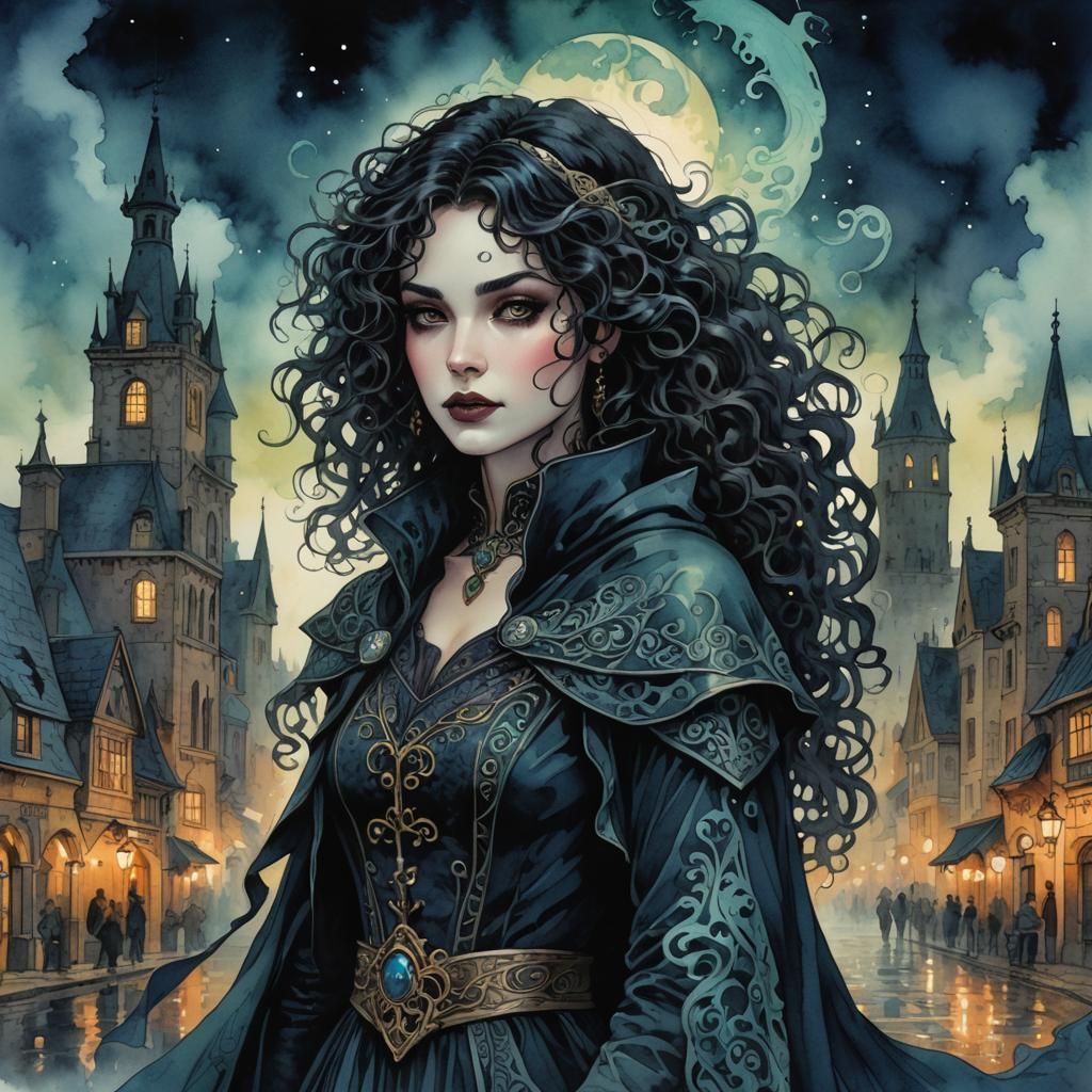 Fantasy Rogue Woman in Gothic Town Square