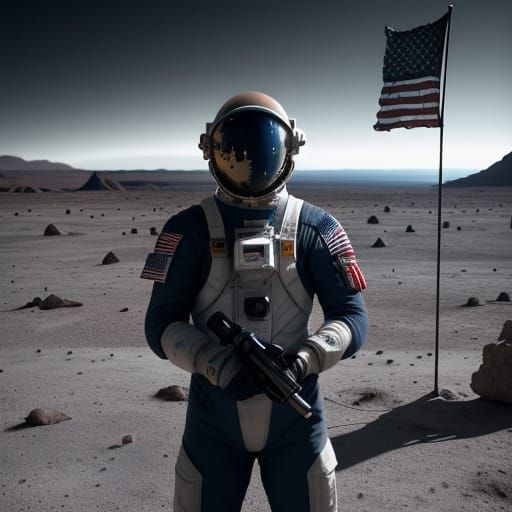 Astronaut Plants Flag on Alien Planet in Hyperrealistic Styl...
