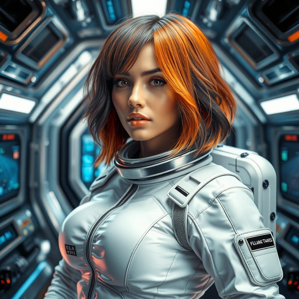 Stunning Female Astronaut in Futuristic Spaceship Interior