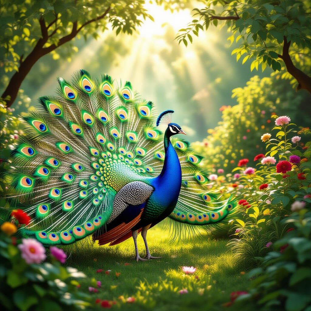 Peacock's Dazzling Display in Lush Garden