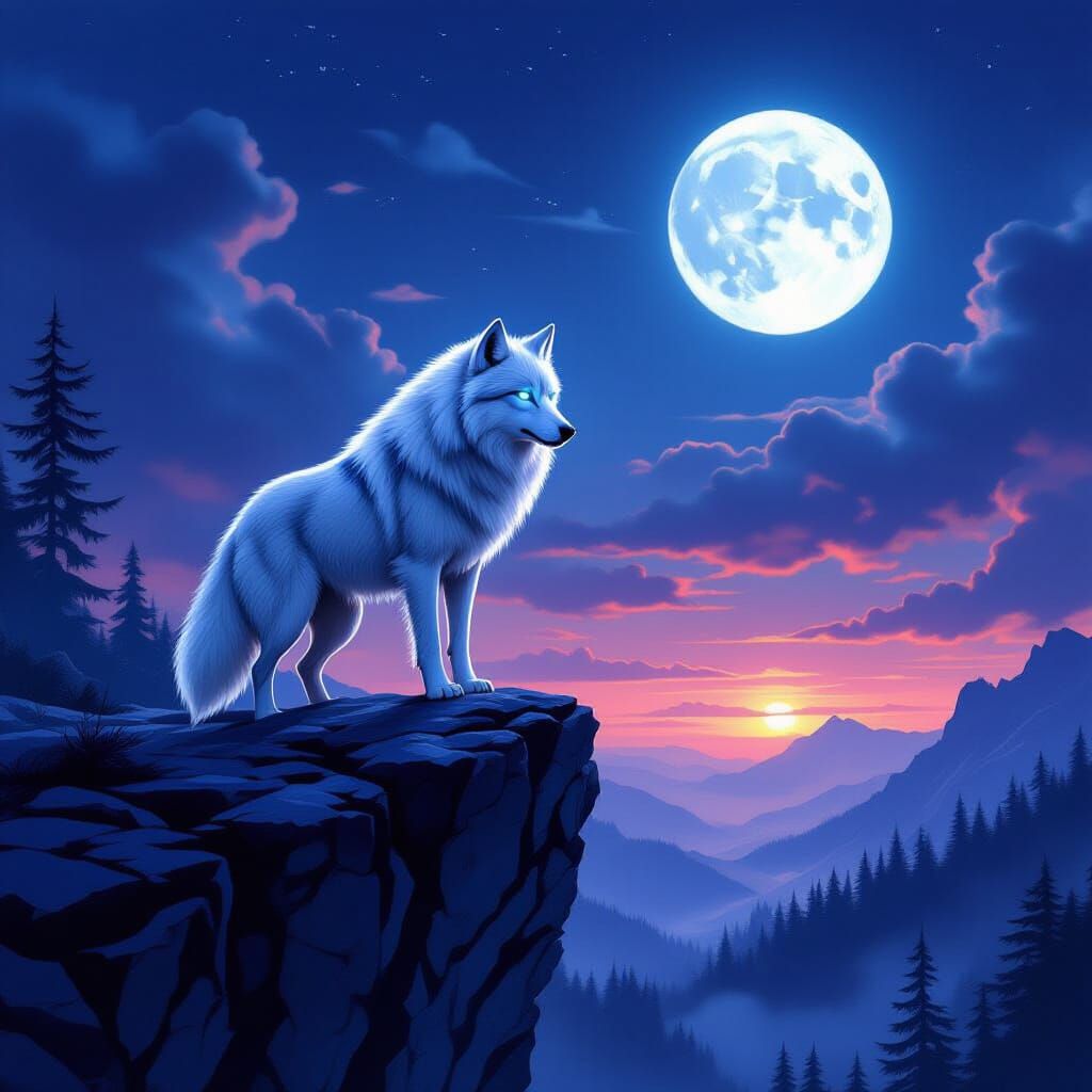 Majestic White Wolf Under Two Moons