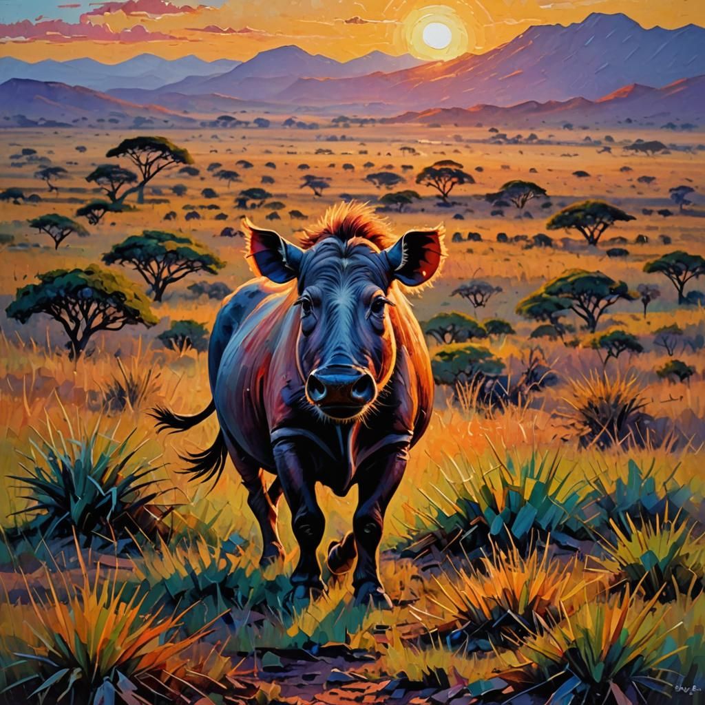 Warthog at Sunset: Expressionist Impasto Oil Painting