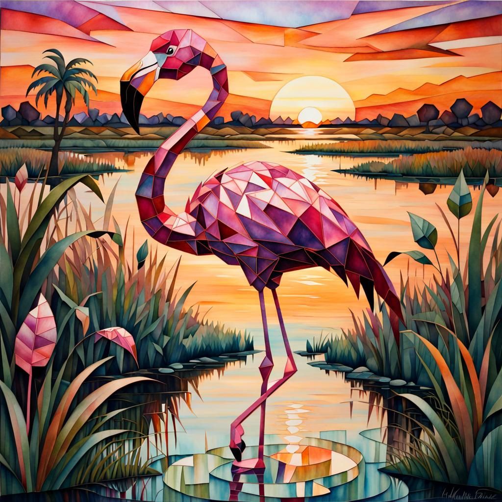 Cubist Flamingo in Marshland Sunset with 3D Shading
