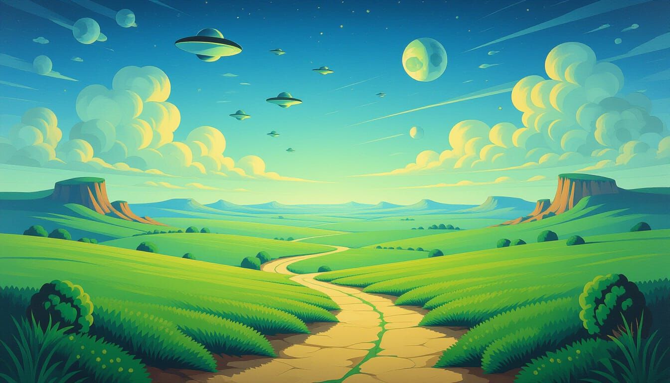 Surreal Green and Blue Landscape: Melting Oil on Canvas