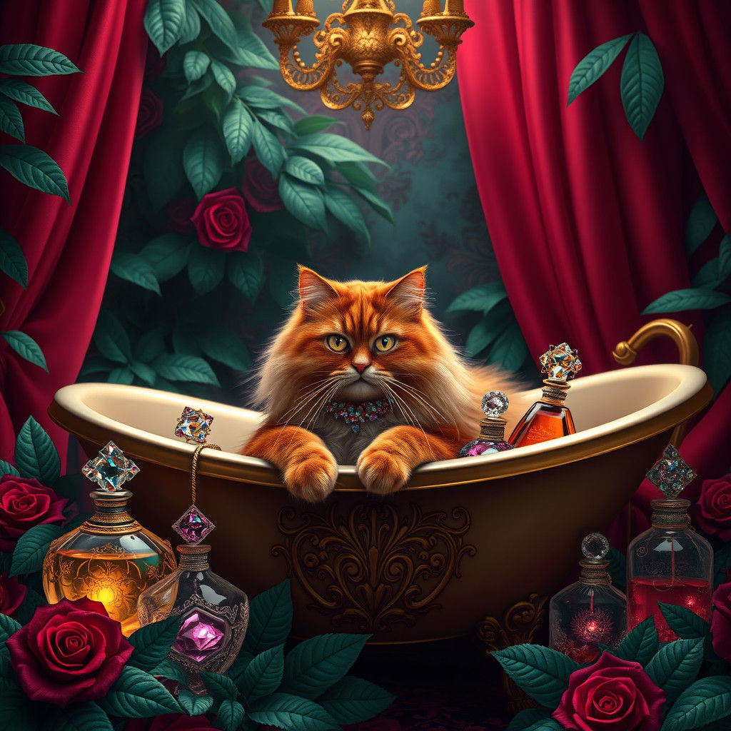 Red Persian Cat in Bath with Perfume