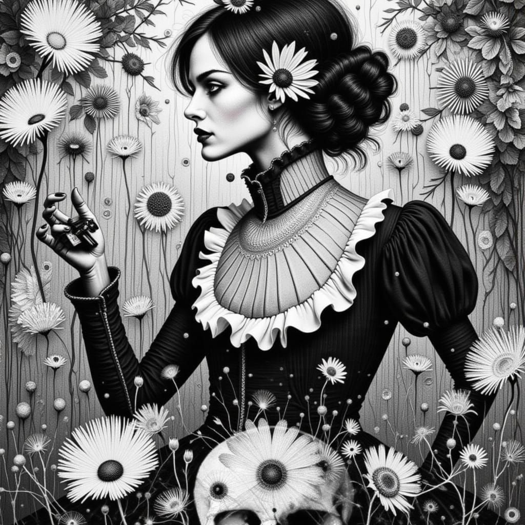 Victorian Woman Amidst Mortality Symbols, Dark Academia Styl...