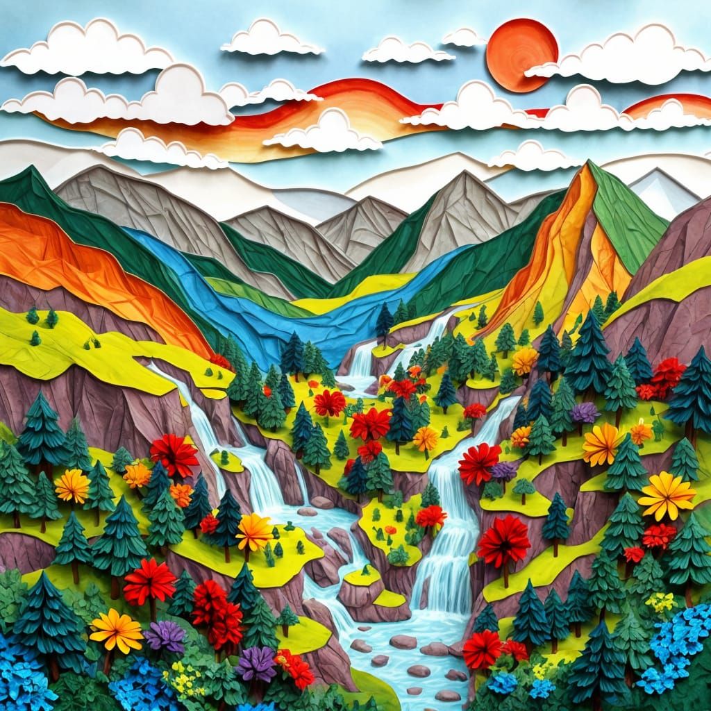 Colorful Paper Diorama of Mountain Landscape