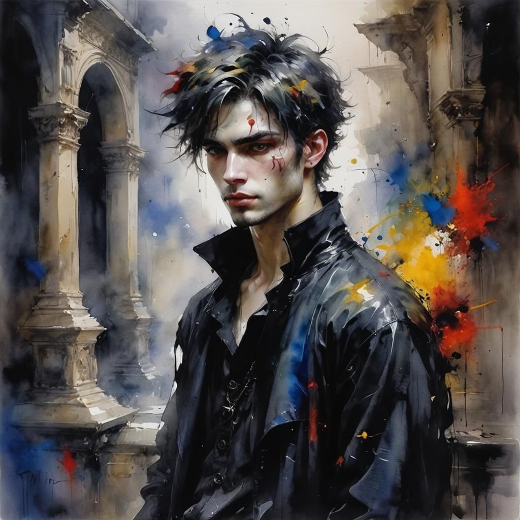 Abstract Catboy: Gothic Romanticism Watercolor Painting