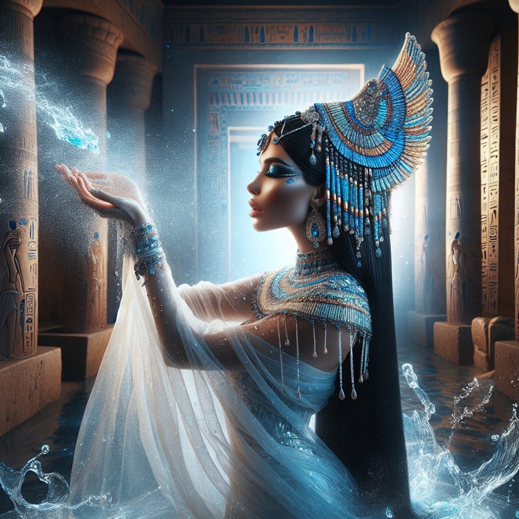 Egyptian Goddess of Rain in Hyperrealistic Ancient Temple