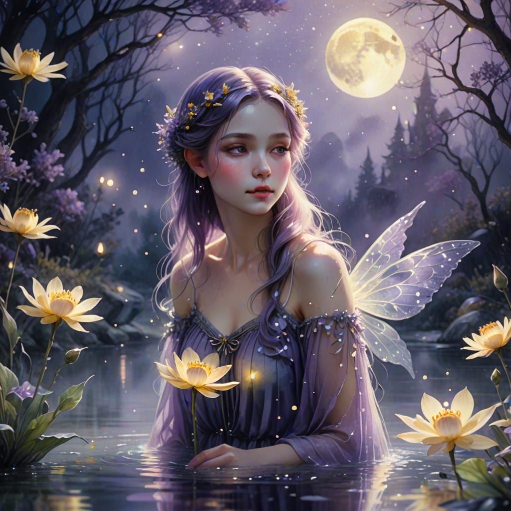 Moonlit Fairy Watercolor with Yellow and Purple Hues