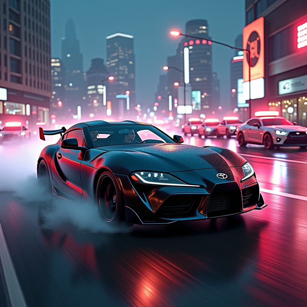 Black Supra Drifting from Police in Cyberpunk Cityscape