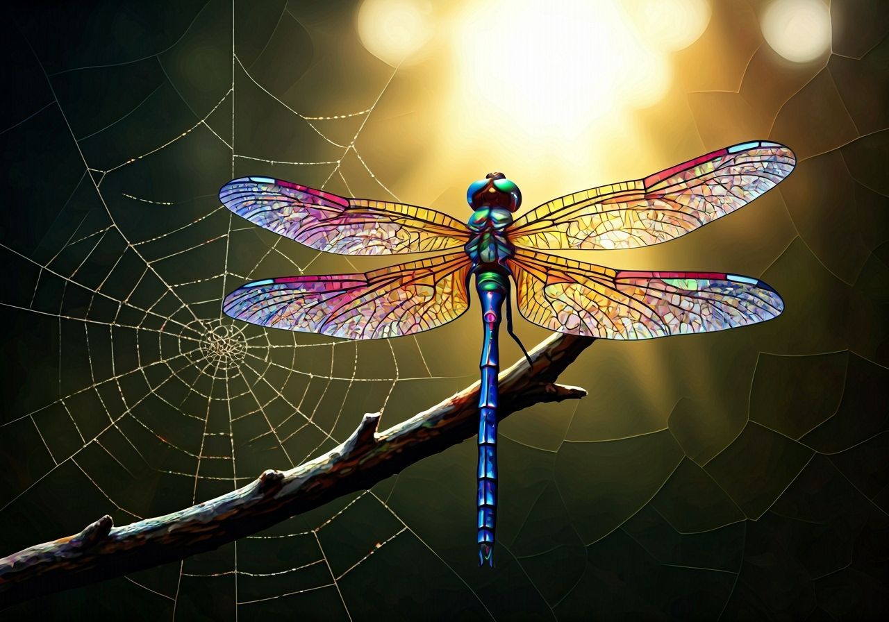 Radiant Stained Glass Dragonfly on Twig