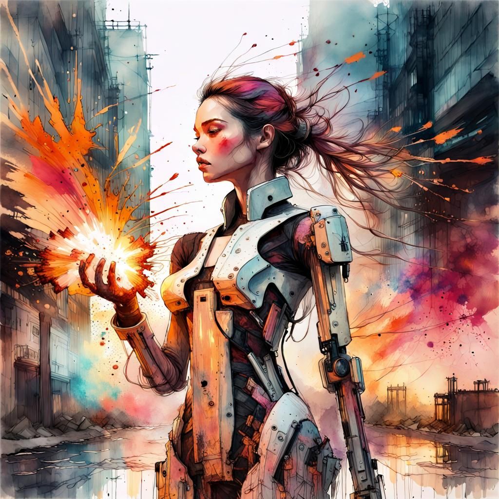 Cyberpunk Robot Explosions in Splatter Ink Illustration