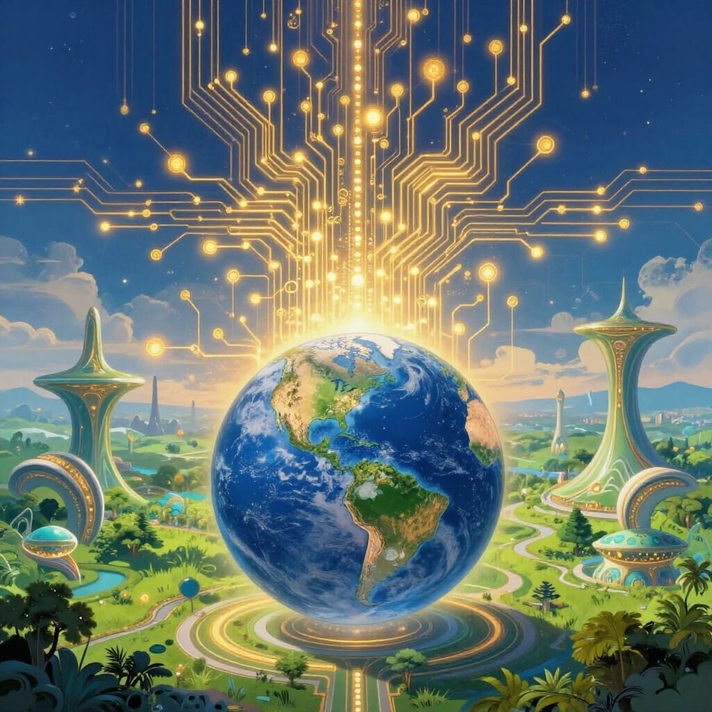 Benevolent AI Ruler Overseeing Utopian Earth