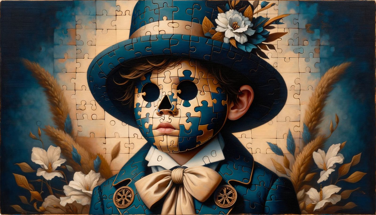 Whimsical Child in Puzzle Piece Form Wears Traditional Skull...