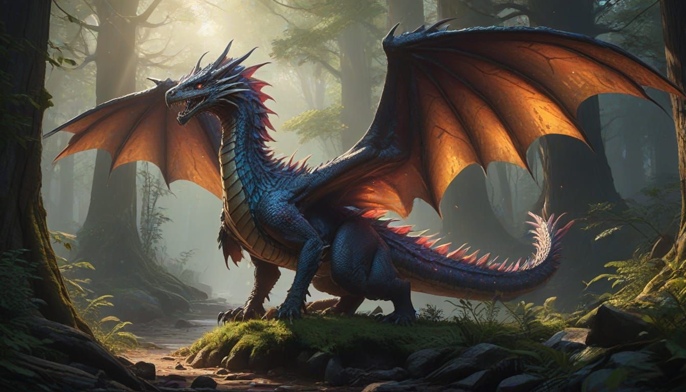Feathered Dragon in Sunlit Forest: Fantasy Concept Art