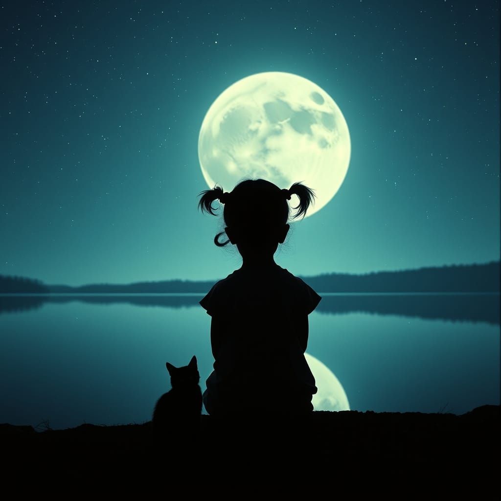 Girl and Cat Silhouettes Under Moonlight, Cinematic Style