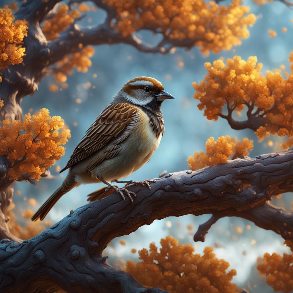 Sparrow on Oak Tree: Detailed Matte Painting