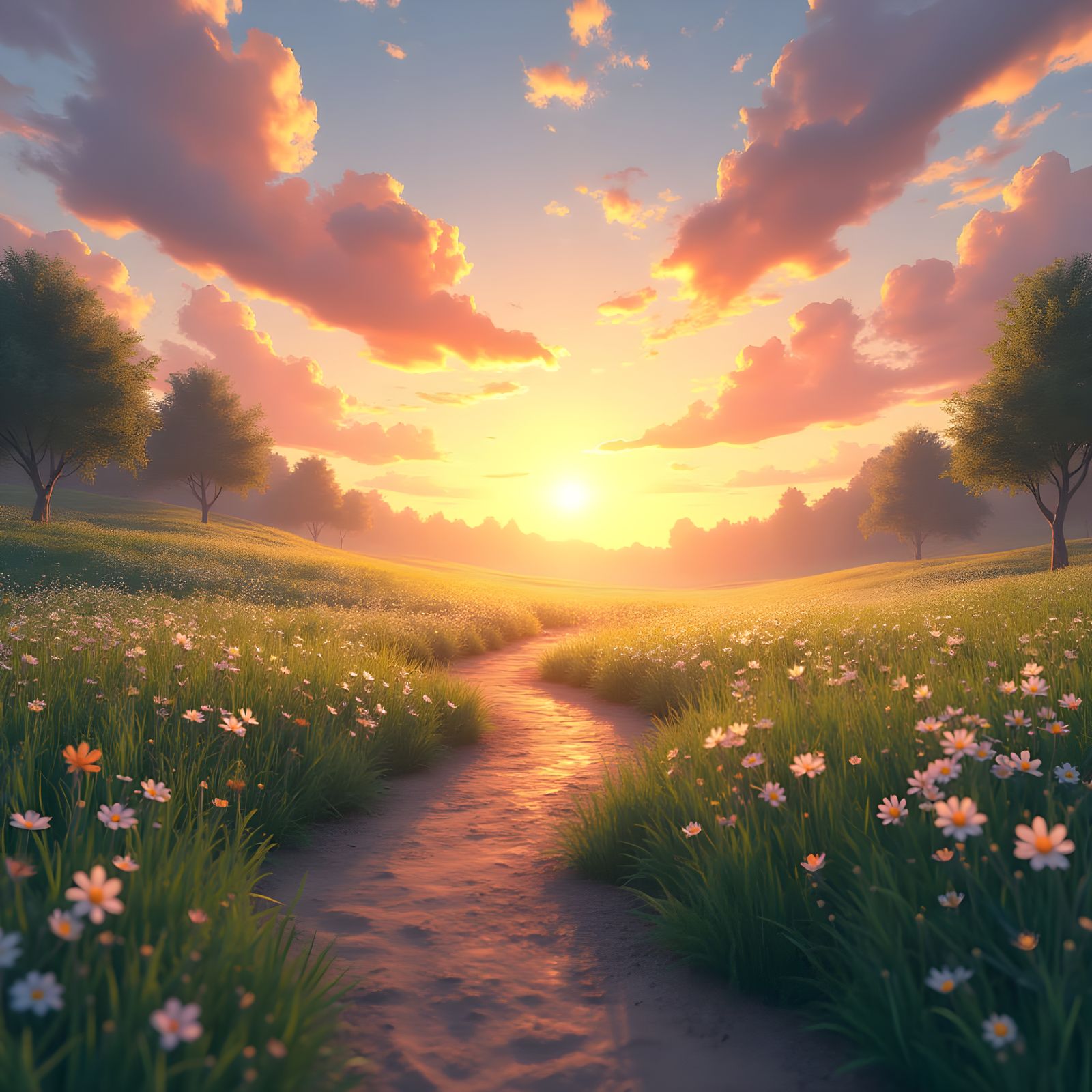 Sunset Meadow Path in Anime Style 3D Art