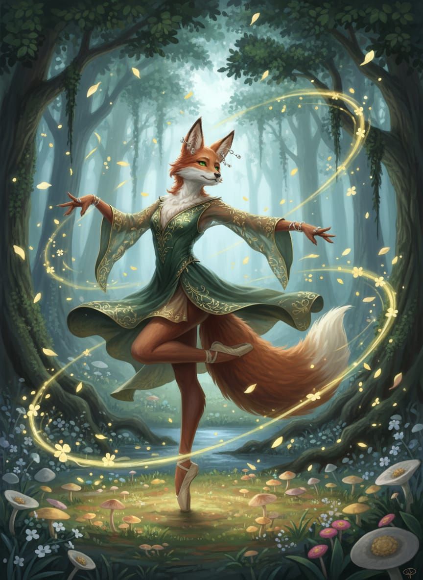 Elegant Fox Dancer in Enchanted Forest Moonlight