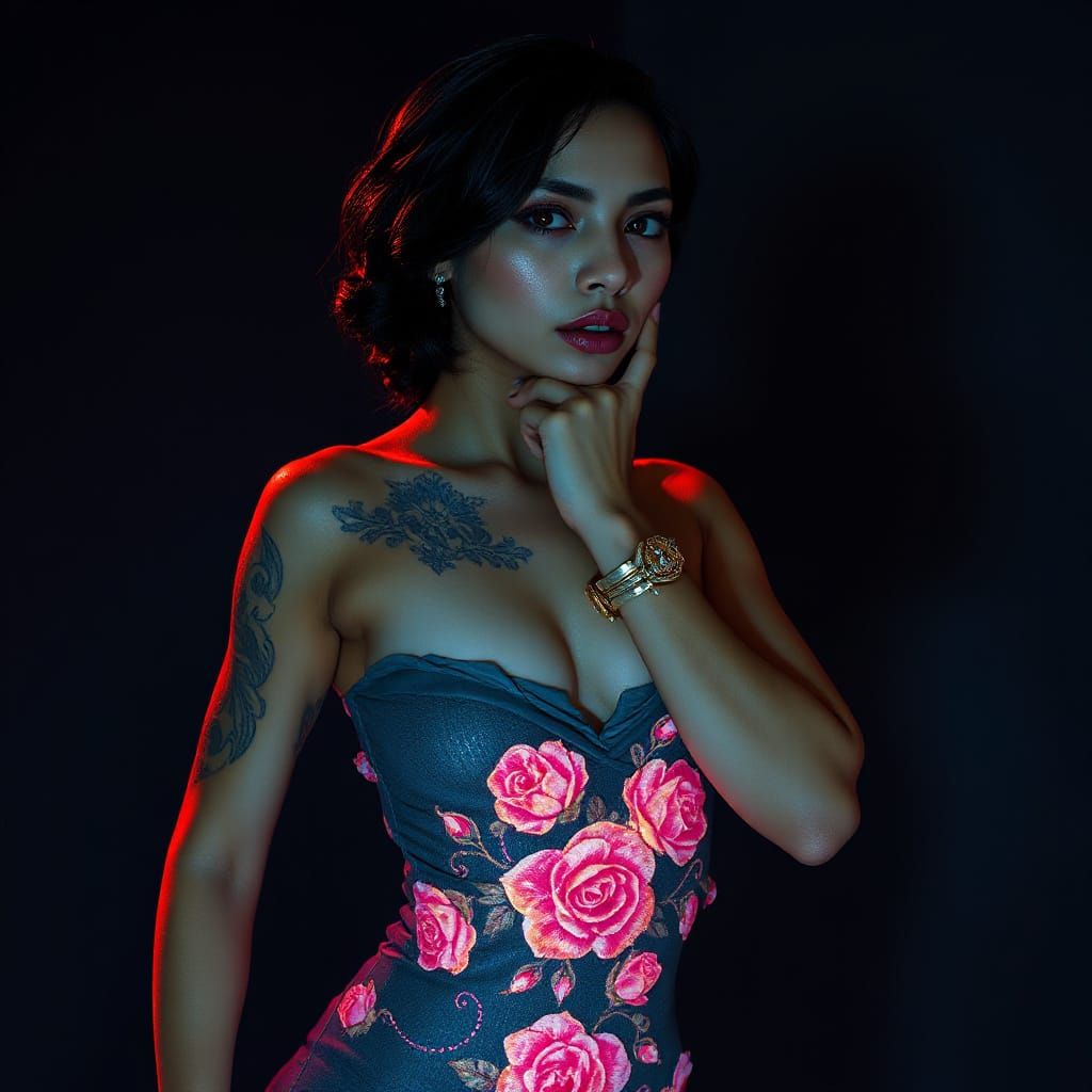 Gothic Latina Goddess in Azure Flowered Bodysuit