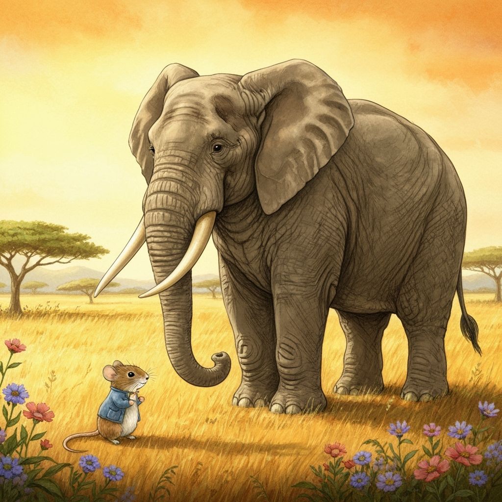 Mouse and Elephant Friends in Sunlit Savannah