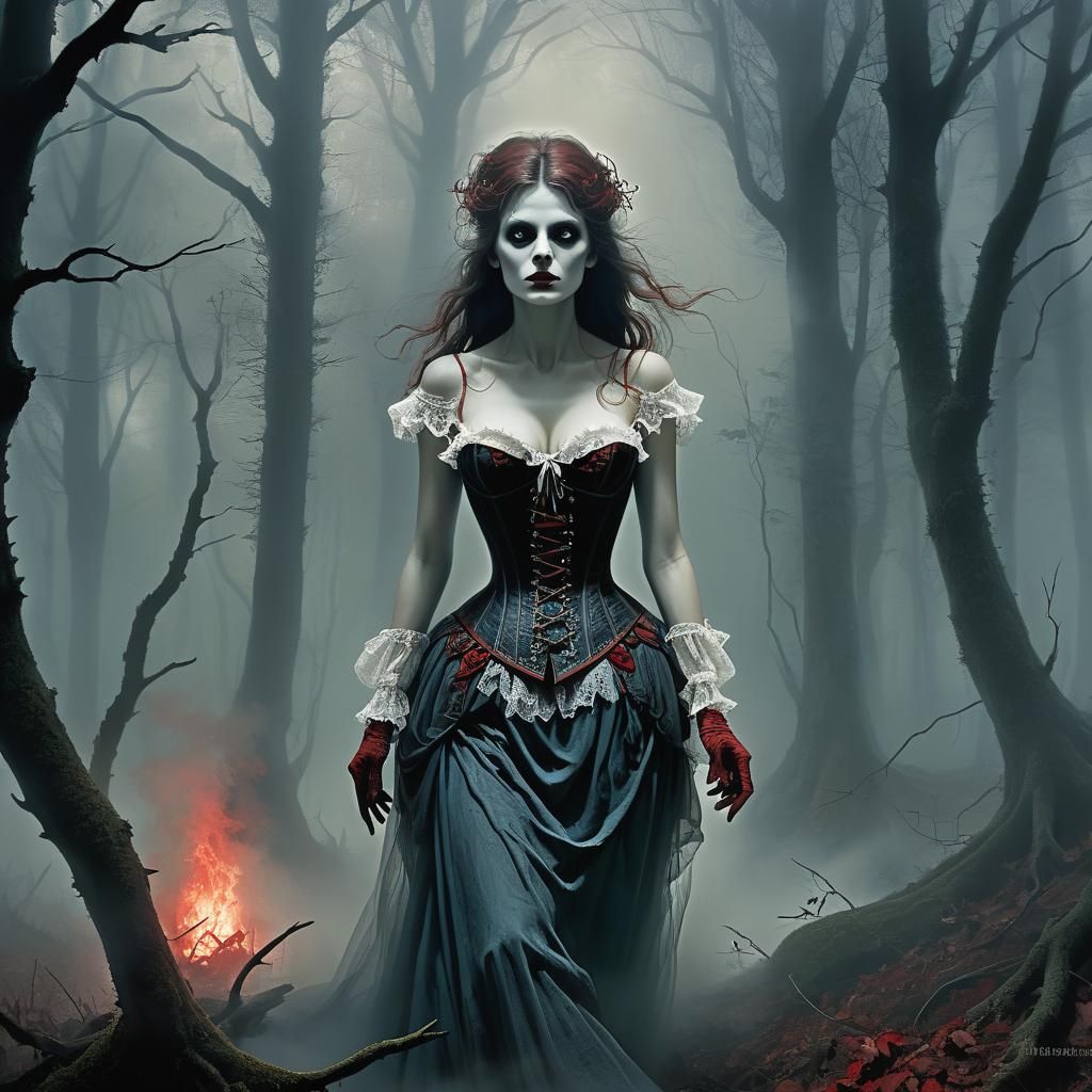 Eerie Red Witch in Misty Woods: Gothic Horror