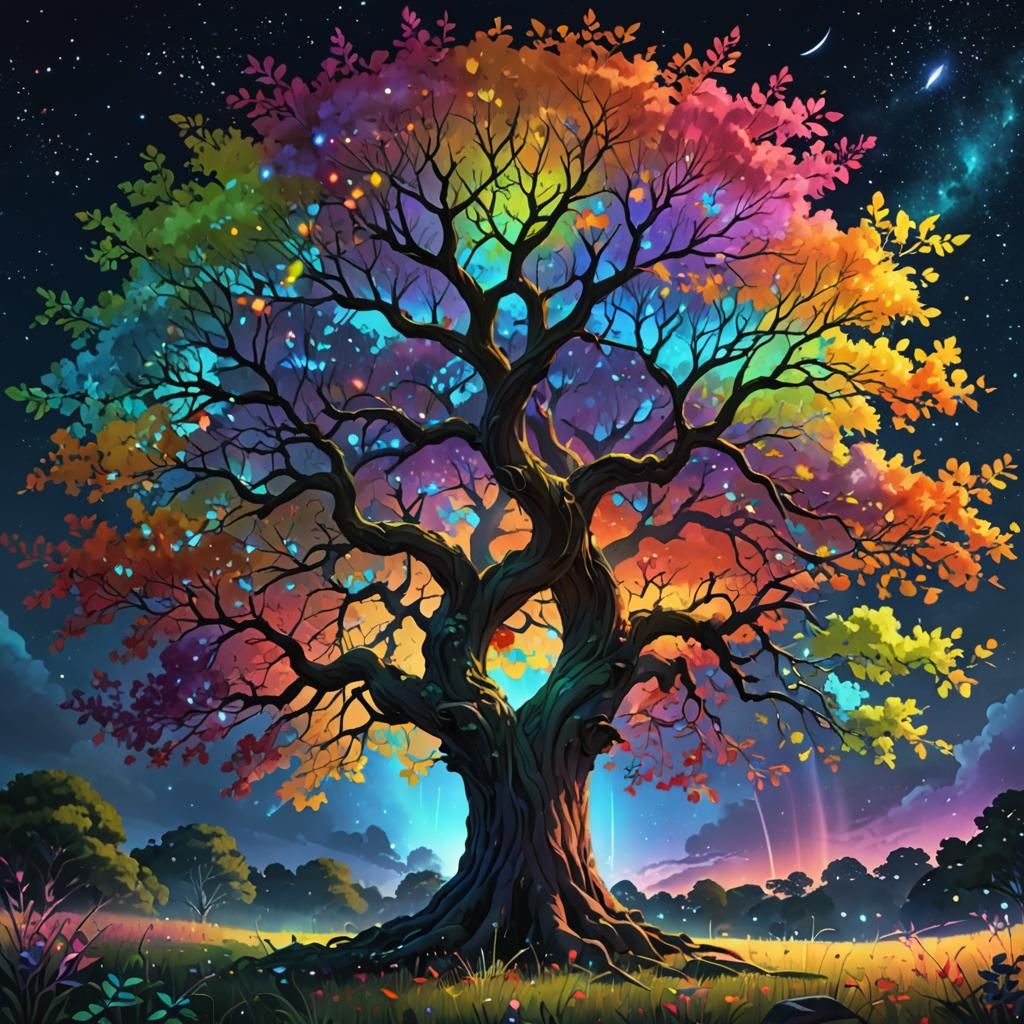 Magical Rainbow Tree in Digital Watercolor Painting