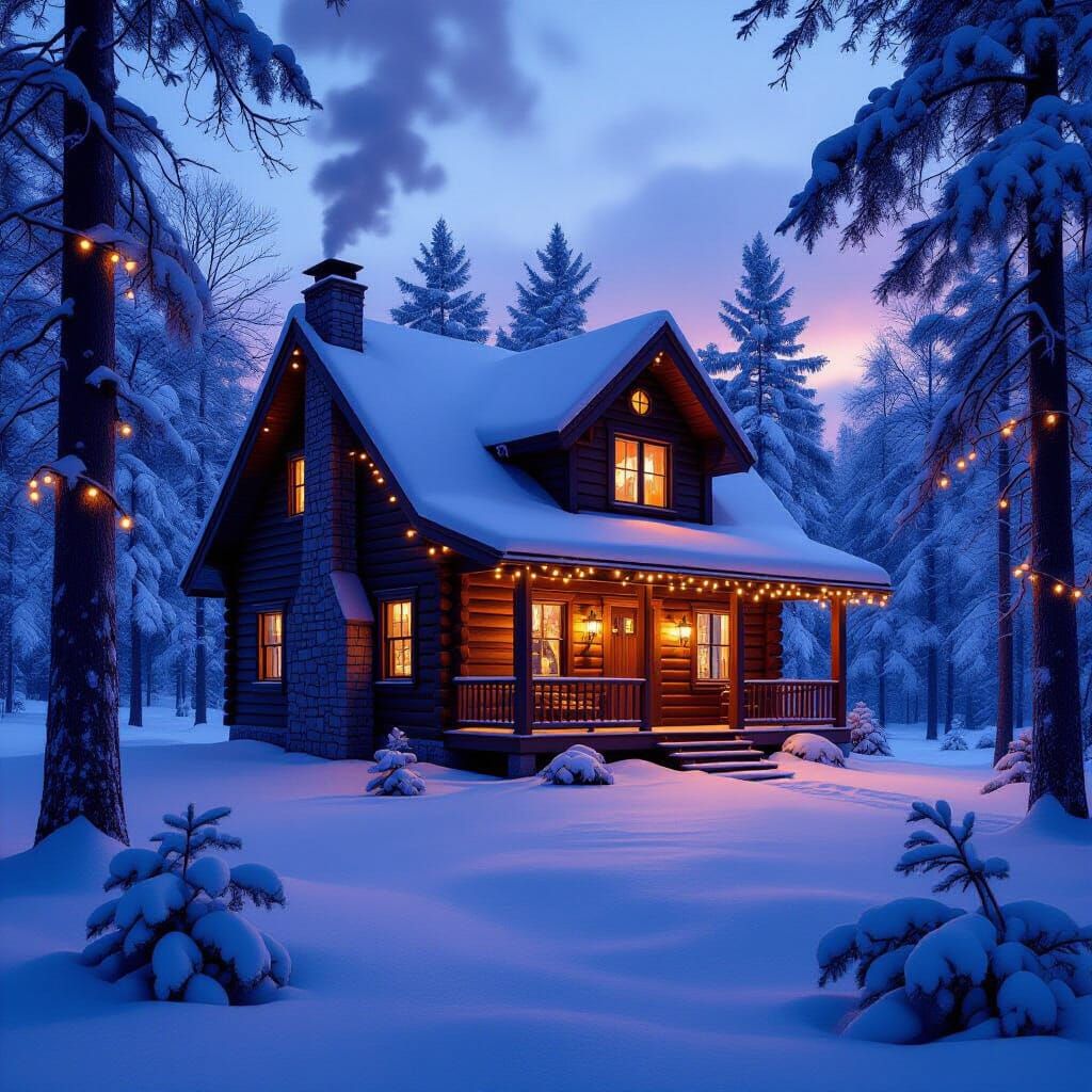 Festive Log Cabin in Winter Twilight: Hyperrealistic Renderi...