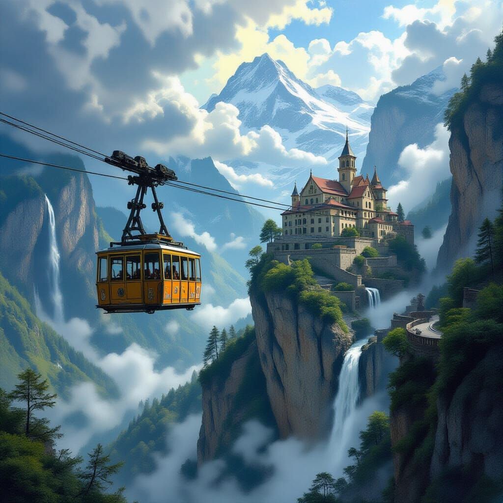 Steampunk Cable Car Ascends to Alpine Monastery