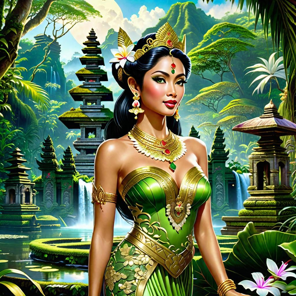 Beautiful Balinese princess in the jungle of Bali, Old Balinese temple