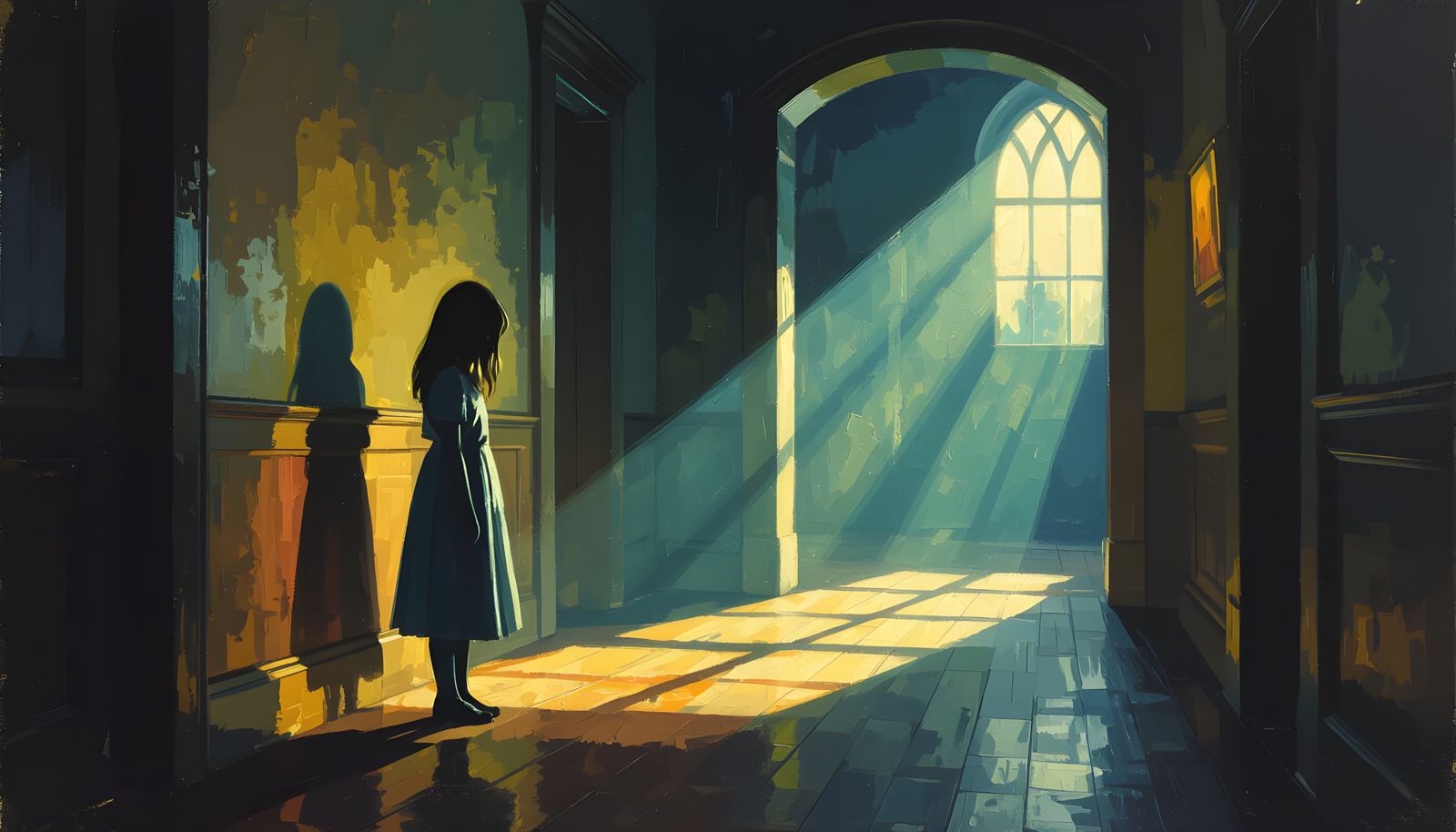 Haunted House Corridor with Ghost Girl in Impasto Style