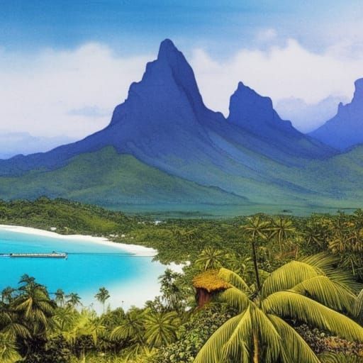 Bora Bora Tropical Mountain Watercolor Painting