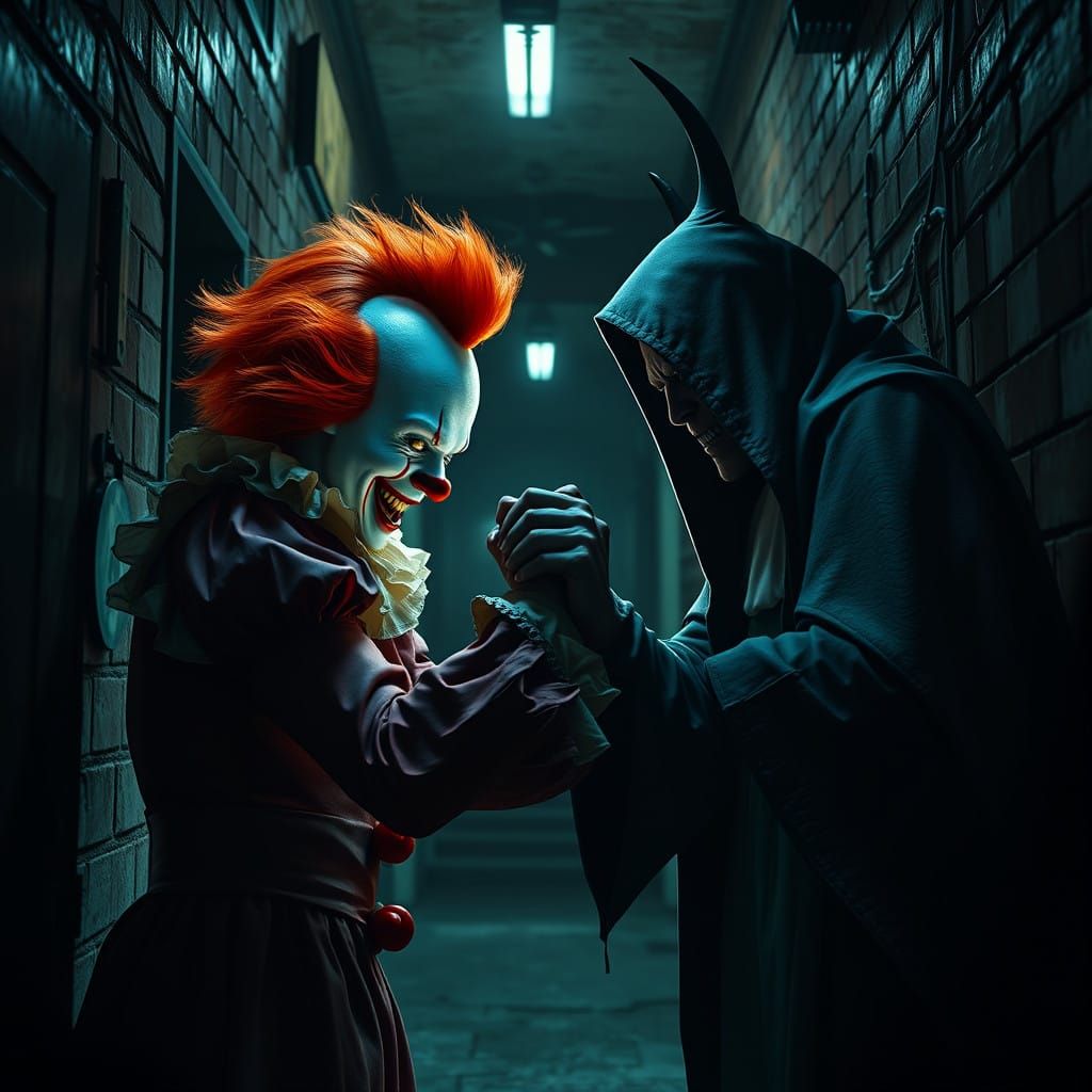 Cyberpunk Horror Clown Engages Demon in Epic Arm Wrestle