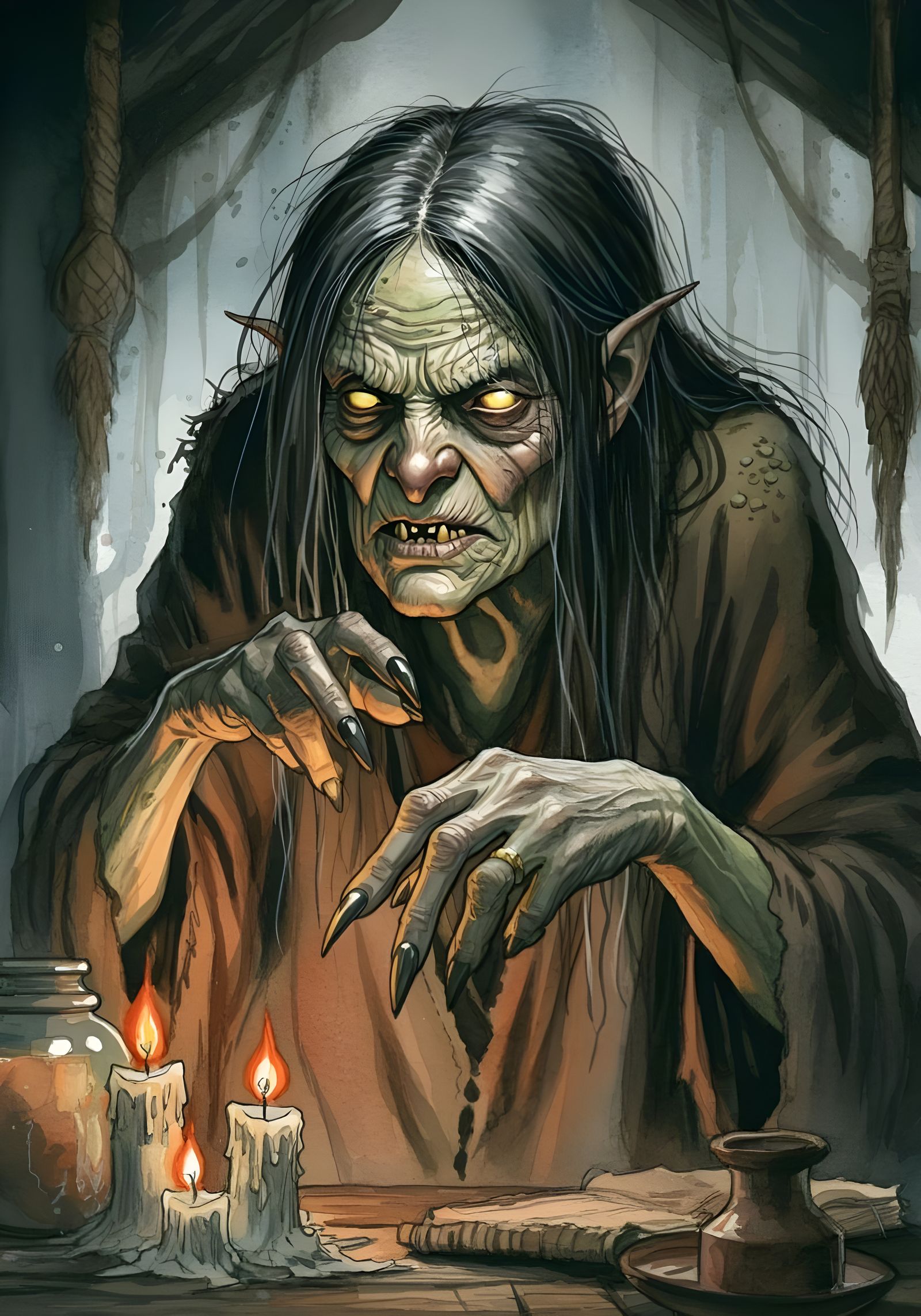 Surreal Hag Conjures Dark Magic in Ink Drawing