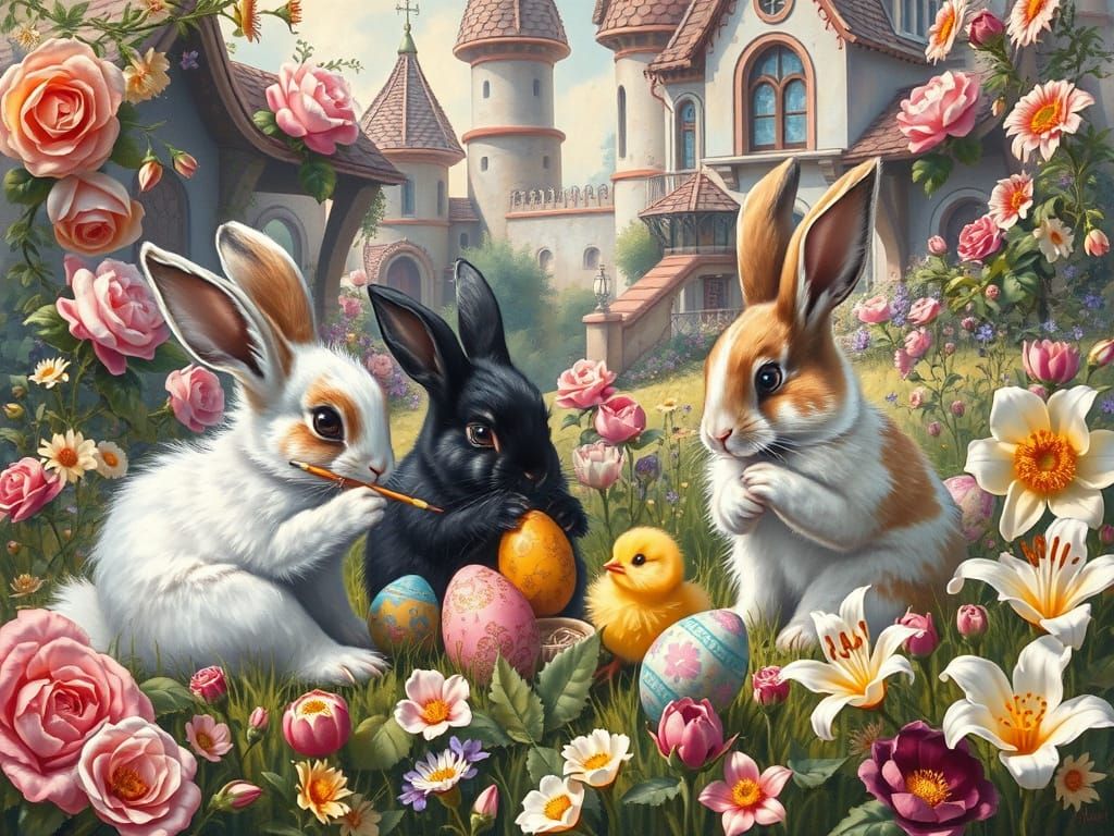 Bunnies Painting Easter Eggs in Fairytale Meadow
