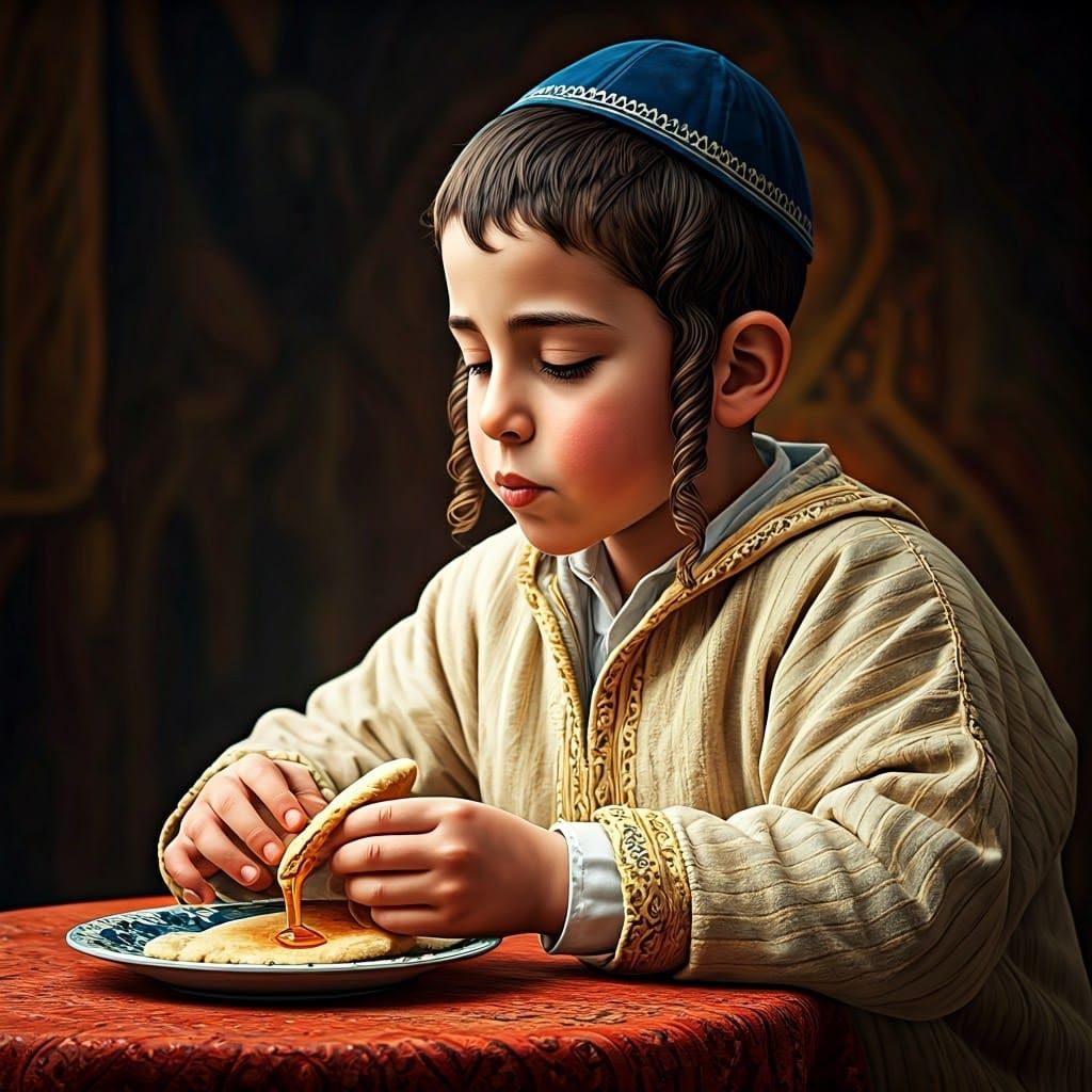 Traditional Moroccan Boy Celebrates Mimouna with Honey and P...