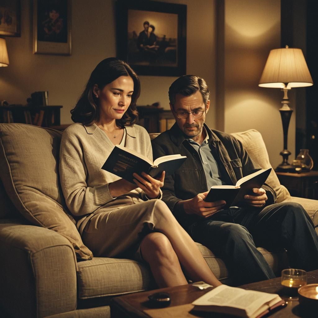 Cozy Couple Reading at Night: Cinematic Film Still